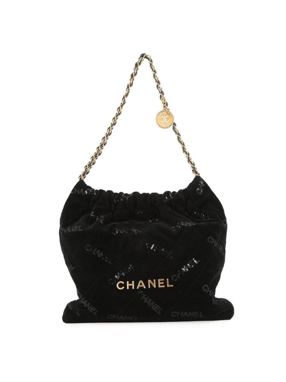 Chanel Chain Shoulder Bag 22 Quilted Small Velour Sequin Black With Pouch